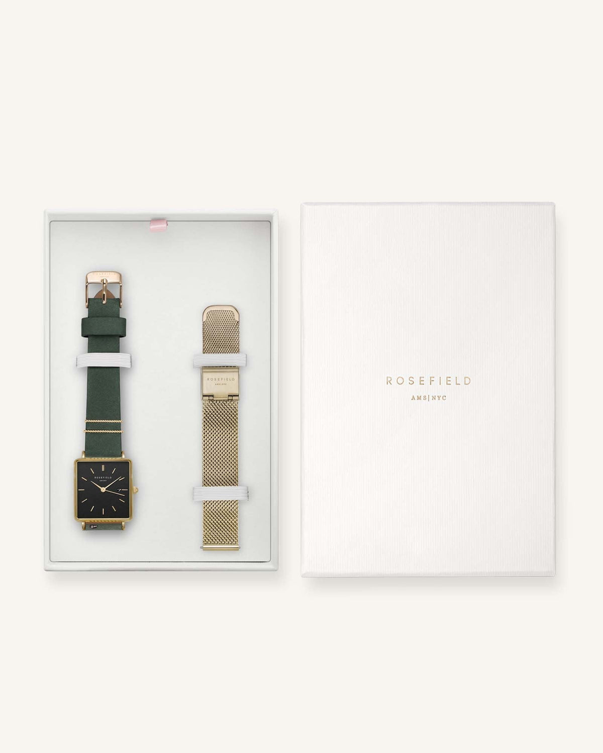 Boxy Schwarz Waldgrün + Uhrenband Geschenkset leftcolumn